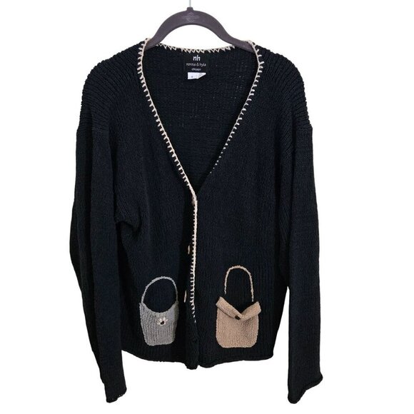 Vintage Norma& Hyla Hand Loomed In USA Unique Design Navy Cardigan Sweater Size - Picture 2 of 8